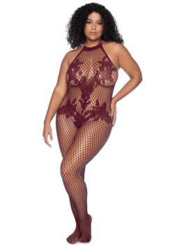 Combinaison grande taille en résille couleur cerise 
