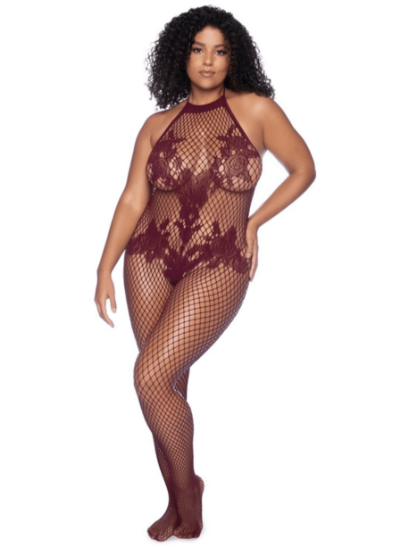 Combinaison grande taille en résille couleur cerise 