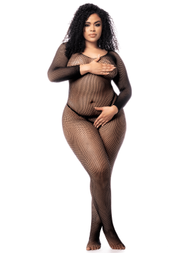 Combinaison grande taille manches longues en résille noire 