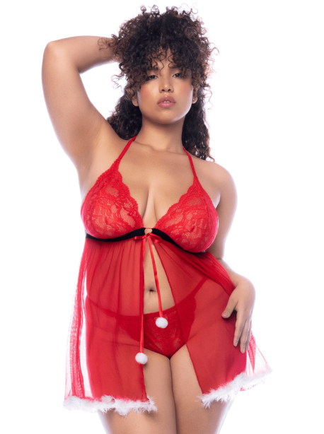 Costume sexy Mère Noël grande taille avec babydoll et string 