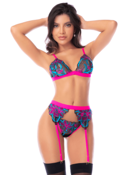 Ensemble lingerie 3 pièces bleu et rose brodé avec sequins – Mapalé