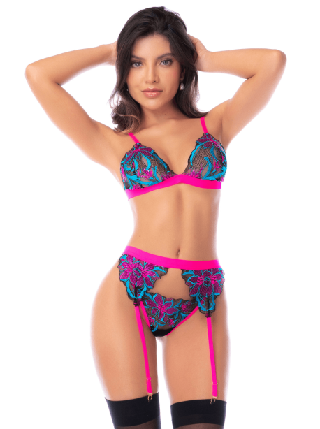 Ensemble lingerie 3 pièces bleu et rose brodé avec sequins – Mapalé