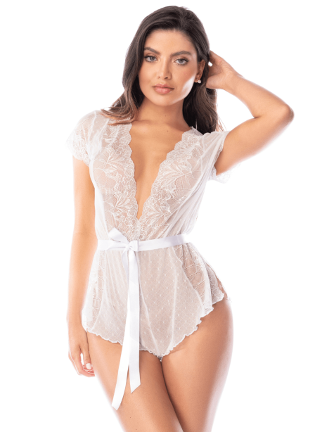 Combishort blanc en dentelle transparente avec ceinture – Mapalé