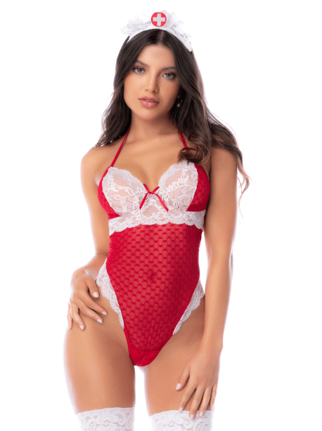 Body infirmière noir en maille et dentelle avec accessoire tête – Mapalé