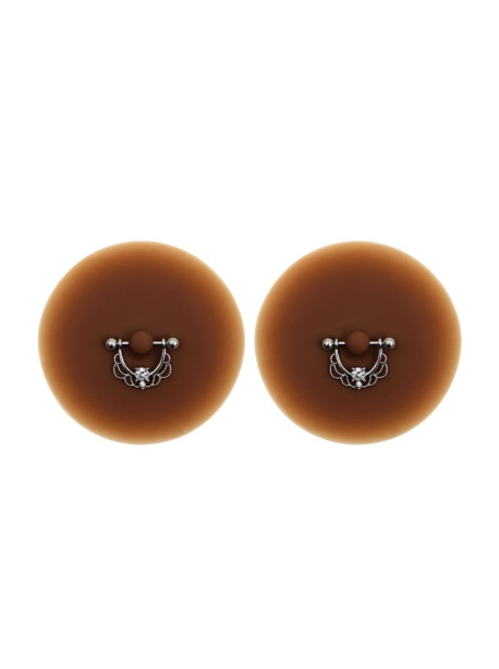 Paire de cache-tétons piercing barre demi-anneau faux diamant peau foncée 