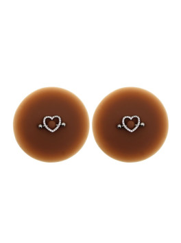 Paire de cache-tétons piercing barre coeur faux diamant peau foncée 