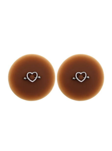 Paire de cache-tétons piercing barre coeur faux diamant peau foncée 