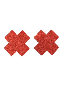 Paire de cache tétons adhésifs croix pailletée rouge 
