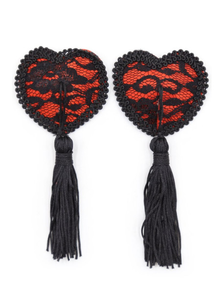 Paire de cache tétons adhésifs en forme de cœur avec dentelle noire et pompom 
