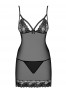 Vente en gros lingerie Nuisette sexy noire transparente avec ornements de poitrine et string assorti